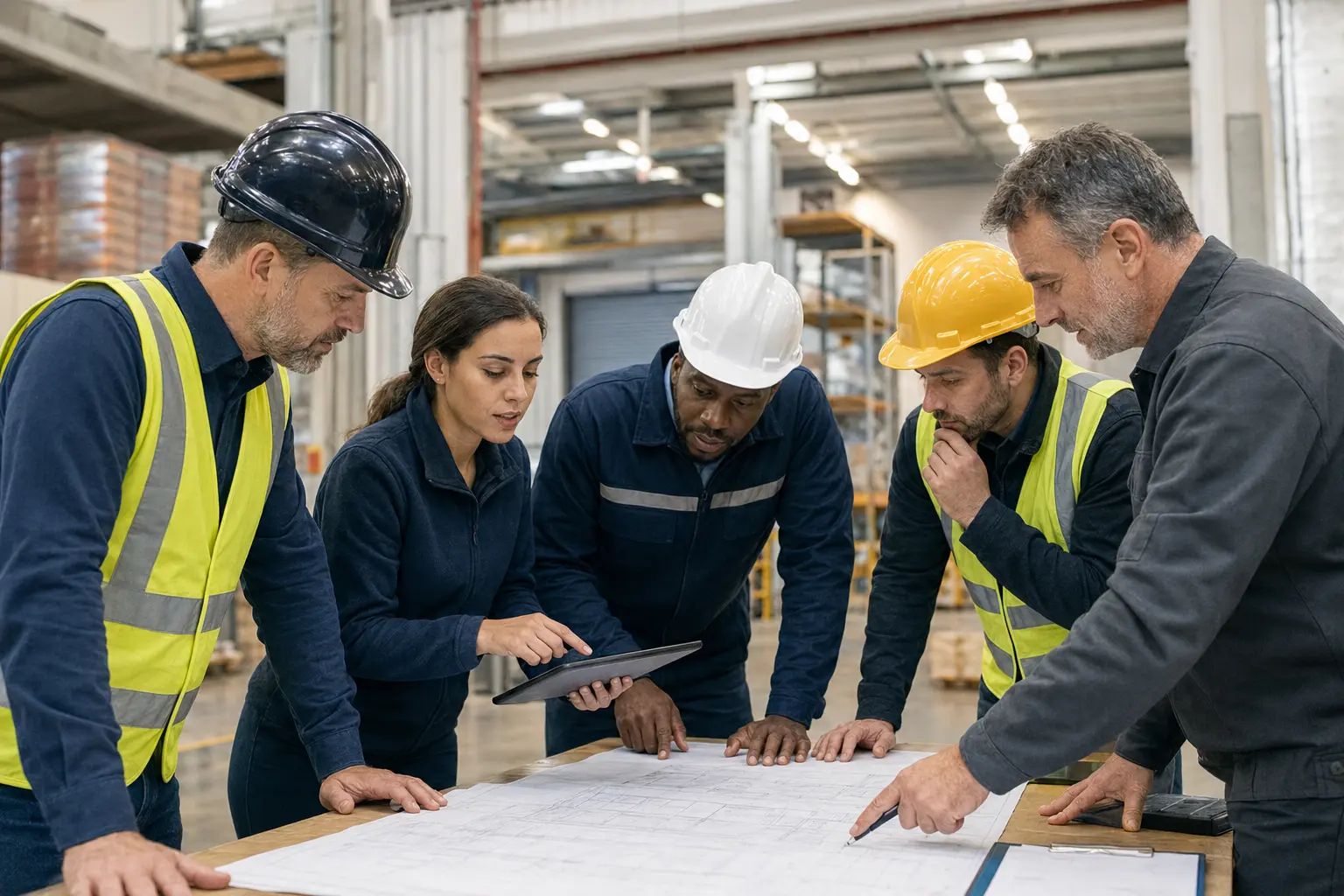 Workers reviewing plans inside a warehouse and manufacturing facility